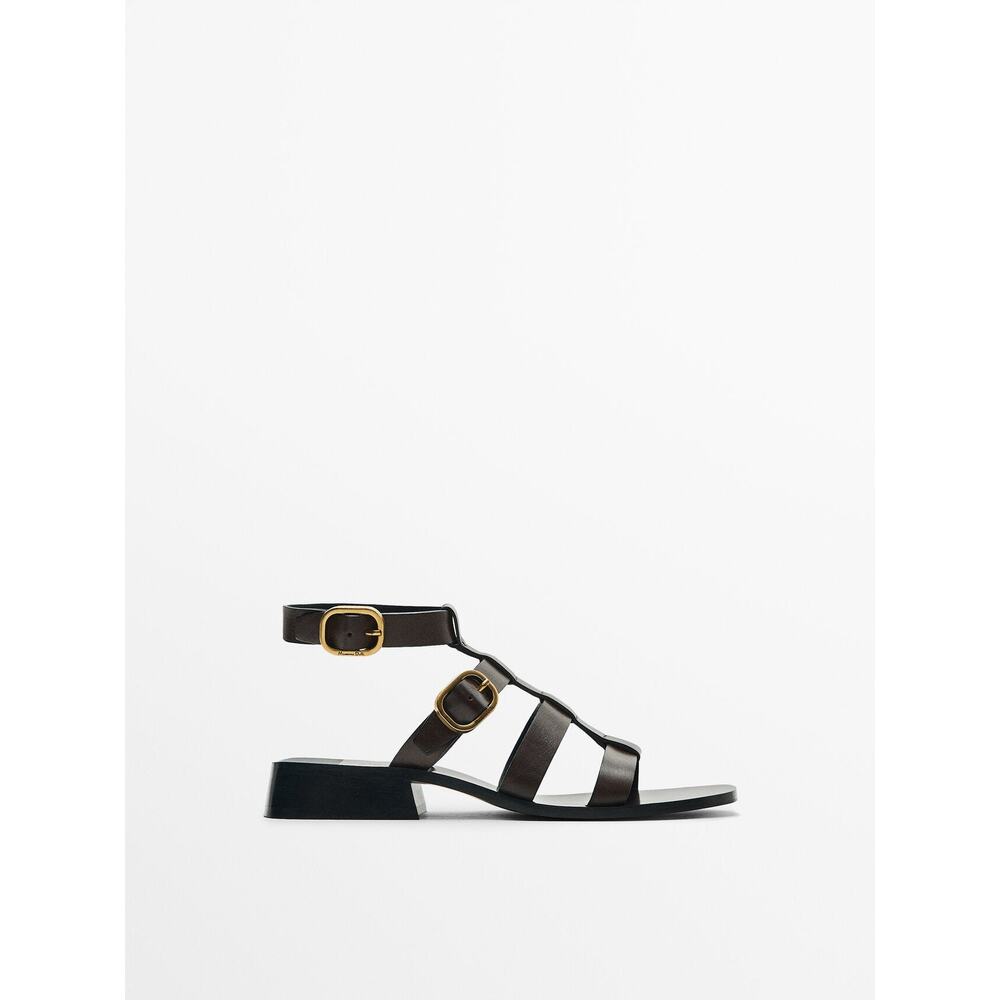Massimo Dutti Leather Heeled Sandals - 8 Brown